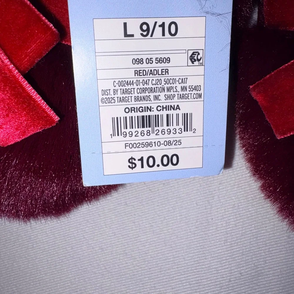 Cat & Jack Faux Fur Slippers 9/10 Burgundy NEW Velvet Bow Elastic Strap